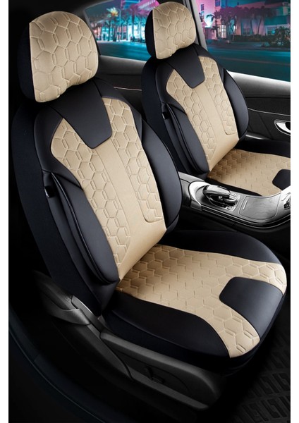 fiat Linea Uyumlu Deri Detaylı Oto Koltuk Kılıfı Ön Arka Set Cyrus Model Bej Siyah Sc