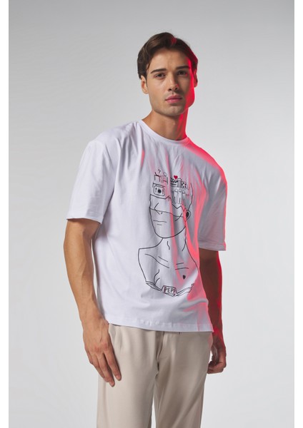 Beyaz Düşünen Adam Baskılı Oversize Tshirt
