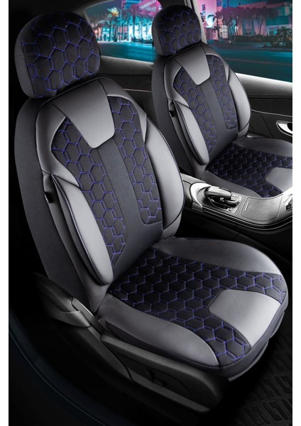 suzuki Swift Uyumlu Deri Detaylı Oto Koltuk Kılıfı Ön Arka Set Cyrus Model Siyah Mavi Sc