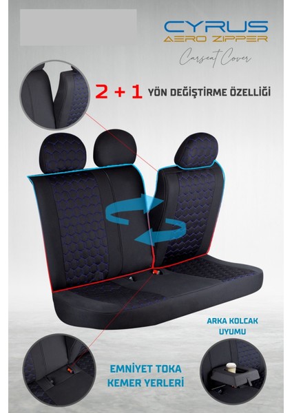 suzuki Swift Uyumlu Deri Detaylı Oto Koltuk Kılıfı Ön Arka Set Cyrus Model Siyah Mavi Sc