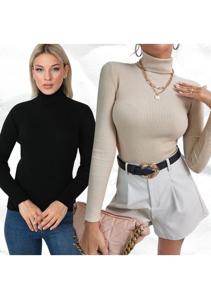 Unisex 2'li Kaşkorse Balıkçı Yaka Boğazlı Kazak