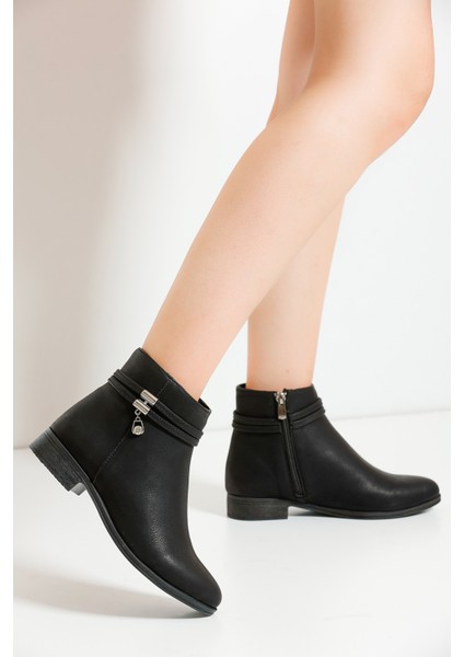 Kadın Siyah Cilt Bot – Tokalı ve Fermuarlı, Rahat Günlük Kullanım için Trend Model PTK013