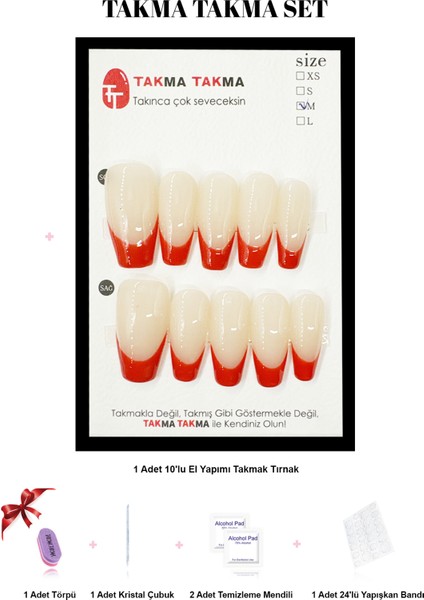 Tekrar Kullanılabilen El Yapımı Bej-kırmızı Orta Coffın Protez Takma Tırnak (KİT DAHİL) fiyatları
