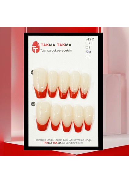 Tekrar Kullanılabilen El Yapımı Bej-kırmızı Orta Coffın Protez Takma Tırnak (KİT DAHİL)