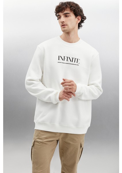 Falk Erkek Yuvarlak Yakalı Sanat Baskılı Içi Polarlı Ekru Sweatshirt