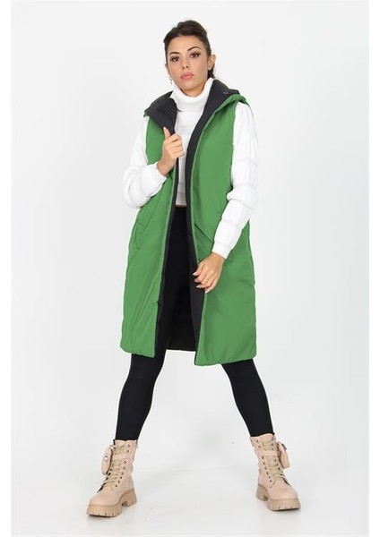 Dipmoda kadın kapüşonlu çift taraflı yeni sezon uzun kapitone neo yelek SY002