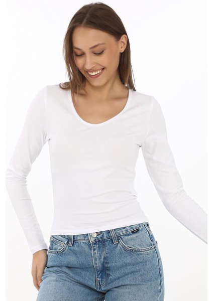 V Yaka Slim Fit Tişört-Beyaz