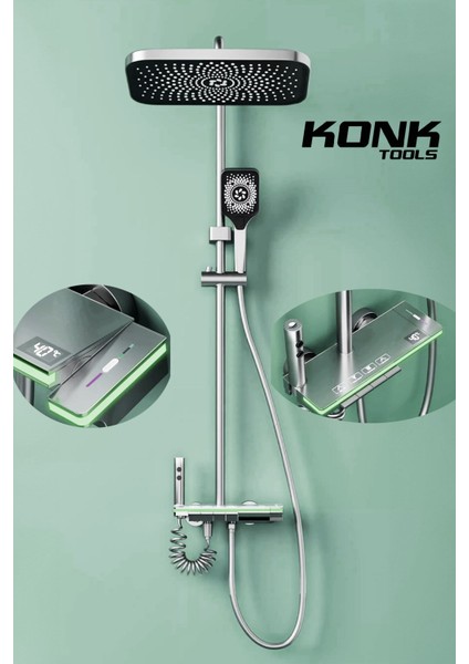 Dijital Piyano 5 Fonksiyonlu Antrasit Banyo Bataryalı Smart Max Dijital Tepe Duşu Duş Seti