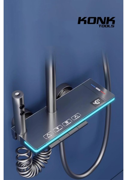 Dijital Piyano 5 Fonksiyonlu Antrasit Banyo Bataryalı Smart Max Dijital Tepe Duşu Duş Seti