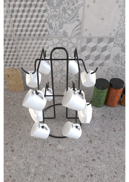 12 Kancalı Mat Siyah Kupa Fincan Askılığı | Fincan Bardak Kupa Askılığı Askısı 12'li modelleri