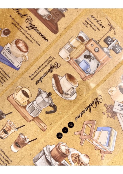 Coffe Impressions Retro Kahve Temalı 6 Yaprak Şeffaf Pet Sticker