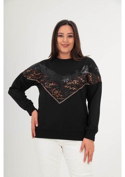 Büyük Beden V Leopar Garnili Payet Detaylı Siyah Pamuklu Sweatshirt