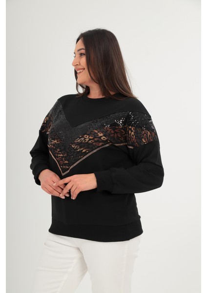 Büyük Beden V Leopar Garnili Payet Detaylı Siyah Pamuklu Sweatshirt fiyatları