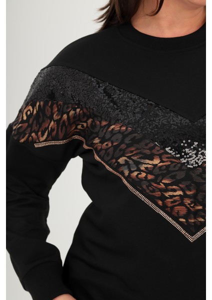 Büyük Beden V Leopar Garnili Payet Detaylı Siyah Pamuklu Sweatshirt fırsatları