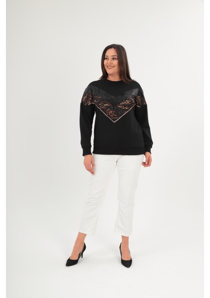 Büyük Beden V Leopar Garnili Payet Detaylı Siyah Pamuklu Sweatshirt indirimleri