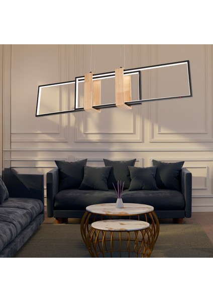 Alena 69 Watt Siyah Dikdörtgen Ahşap Desenli Modern Salon LED Sarkıt Avize