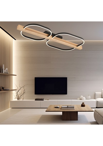 Asrın Siyah 2'li Kare 100 Watt Plafonyer Ahşap Desenli Modern Salon LED Avize