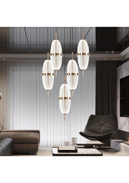 Loya 5'li Yuvarlak 50 Watt Gold Krisatlli Modern Salon Oturma Odası Sarkıt LED Avize