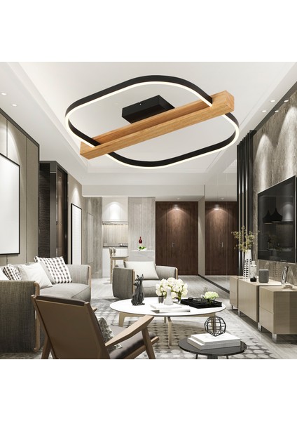 Asrın Siyah Tekli Kare 58 Watt Plafonyer Ahşap Desenli Modern Salon LED Avize