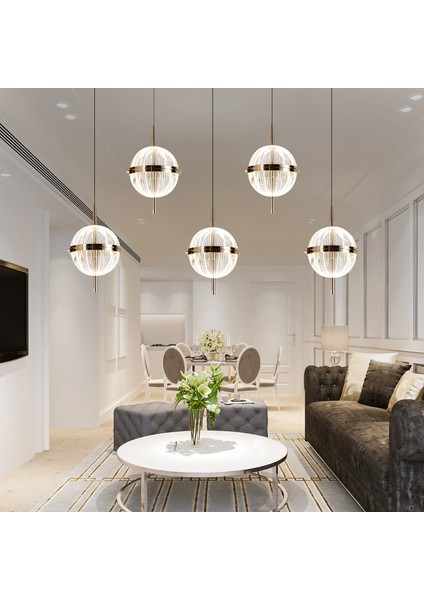 Loret 5'li Sıralı 60 Watt Gold Kristalli Modern Salon Yemek Masası Üstü Sarkıt LED Avize