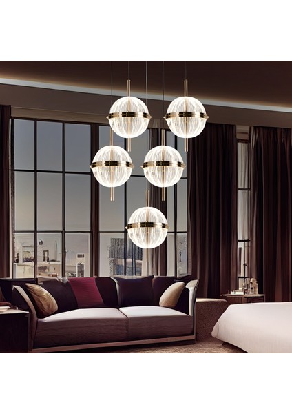Loret 5'li Yuvarlak 60 Watt Gold Krisatlli Modern Salon Oturma Odası Sarkıt LED Avize
