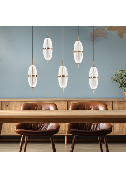 Loya 5'li Sıralı 50 Watt Gold Kristalli Modern Salon Yemek Masası Üstü Sarkıt LED Avize