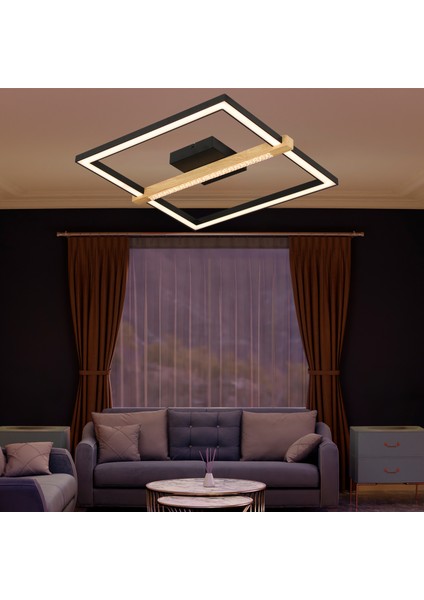 April Siyah 58 Watt Plafonyer Kare Ahşap Desenli Modern Salon LED Avize