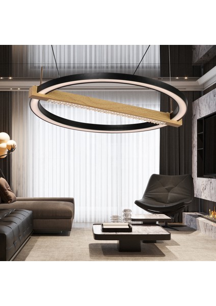 April Siyah 58 Watt Yuvarlak Ahşap Desenli Modern Salon LED Sarkıt Avize