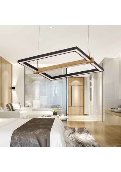 April Siyah Kare 58 Watt Ahşap Desenli Modern Salon LED Sarkıt Avize