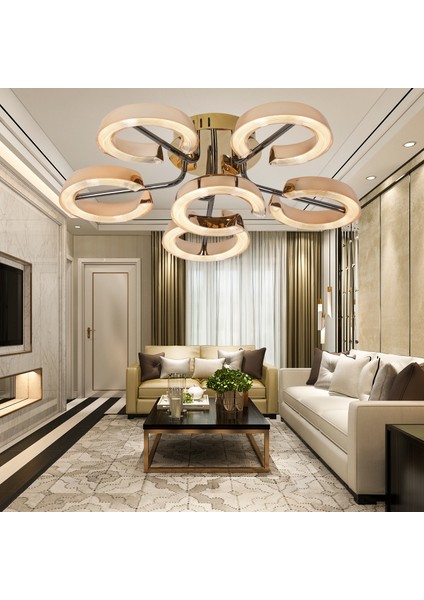 Aster Gold 6'lı 54 Watt Plafonyer Kristal Taşlı Modern Salon LED Avize