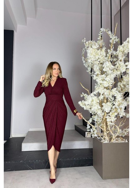 G1185 Drape Detaylı Simli Abiye Elbise Bordo