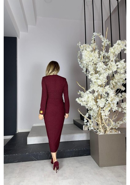 G1185 Drape Detaylı Simli Abiye Elbise Bordo