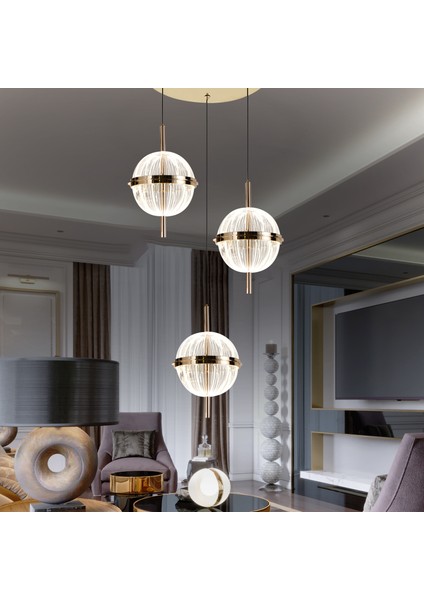 Loret 3'lü Yuvarlak 36 Watt Gold Krisatlli Modern Salon Oturma Odası Sarkıt LED Avize