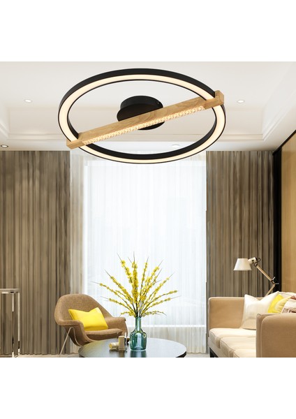 April Siyah Yuvarlak 58 Watt Plafonyer Ahşap Desenli Modern Salon LED Avize