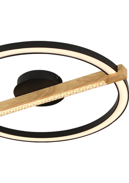 April Siyah Yuvarlak 58 Watt Plafonyer Ahşap Desenli Modern Salon LED Avize modelleri