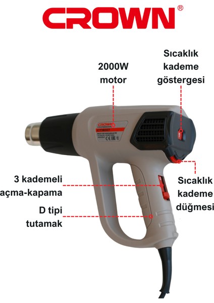 Sıcak Hava Tabancası 2000 W CT19007 - Bakır Sargılı 3 Kademeli Sıcak Hava Üfleme