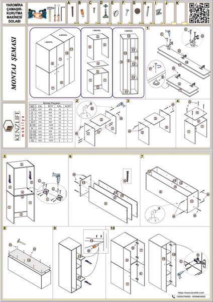 Kenzlife  Çamaşır-Kurutma Makinesi Dolabı Kapaklı Yaromira Sol Byz 180*120*60 Banyo Arkalıksız