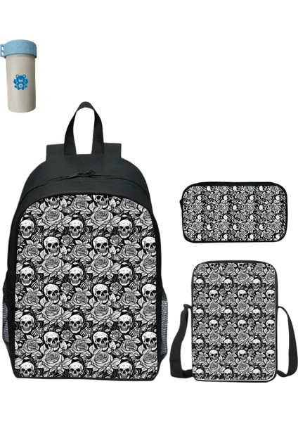 3 Parça/takım Şık 3D Baskılı Gül ve Kafatası Kadın Sırt Çantası, Erkek Çocuklar Için Okul Çantası, Çocuk Omuz Çantası (Yurt Dışından)