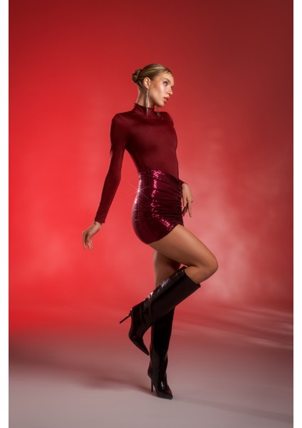 Bordo/bordo Renk Bloklu Mini Elbise
