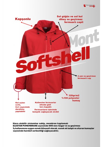 Kırmızı Kışlık Softshell Mont - Iş Montu ve Elbisesi 3 Cepli ve Iç Cepli Içi Polarlı