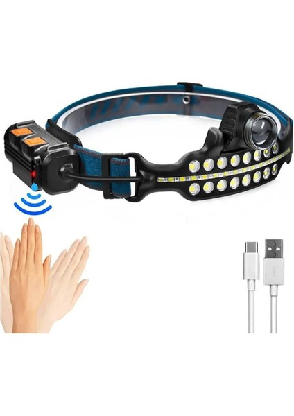 Cob LED Kafa Feneri 7 Aydınlatma Modlu USB Şarj Edilebilir Kafa Feneri KM-213