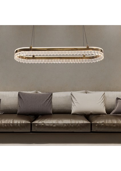 Canel Gold Sıralı 116 Watt Kristal Taşlı Modern Yemek Masası Üstü LED Sarkıt Avize