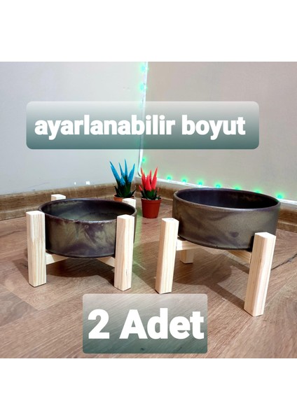 2 Adet Ahşap Standlı Seramik Kedi Köpek Mama Kabı Çift Yönlü Kullanım 2 Farklı Yükseklik Dayanıklı