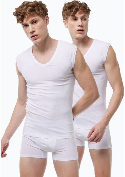 Erkek Beyaz 2 Li Paket V Yaka Iz Yapmayan Modal Kolsuz Atlet 064 2M064