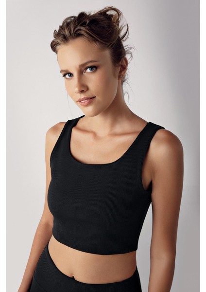 Kalın Askılı Crop Top Fitilli Spor Büstiyer C02