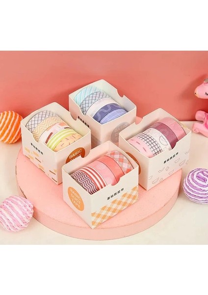 Vintage Washi Tape Bant Baskılı Yapışkanlı Maskeleme Kağıdı Desenli Bant 5 Li - Geometrik N2