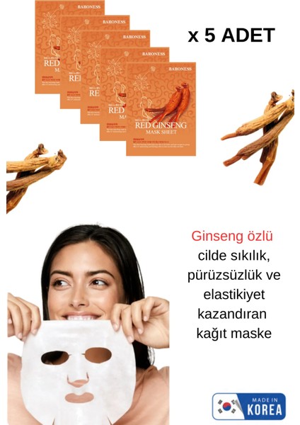 Kırmızı Gınseng Özlü Pürüzsüzleştirici ve Sıkılaştırıcı 5'li Set Kore Yüz Maskesi 21ML