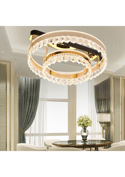 Canel Gold Iki Katlı 122 Watt Kristal Taşlı Modern LED Plafonyer LED Avize