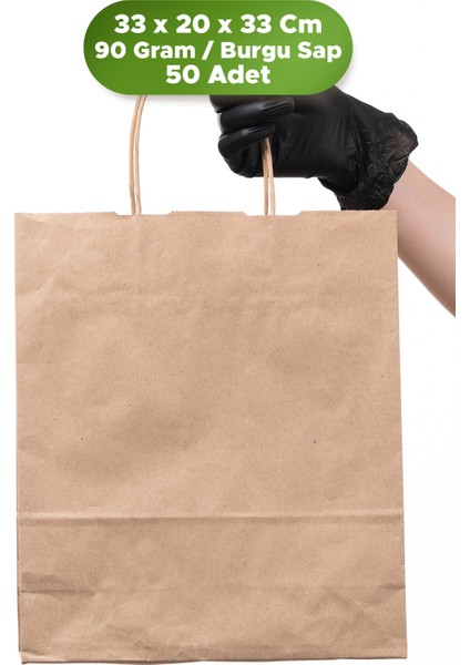 Kraft Çanta 33 x 20 x 33 cm Özel Mağaza Poşeti Dayanıklı Burgu Sap 50 Adet Kağıt Poşet Çanta