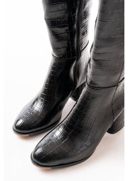 RS-2432 Siyah Kroko Topuklu Fermuarlı Günlük Kadın Çizme indirimleri